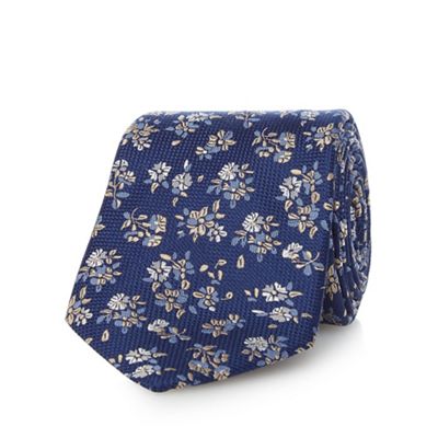 Navy pure silk floral patterned tie